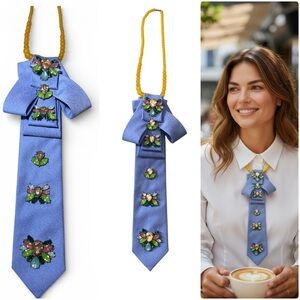 Embellished Blue Necktie with Beaded Necklace upcycle